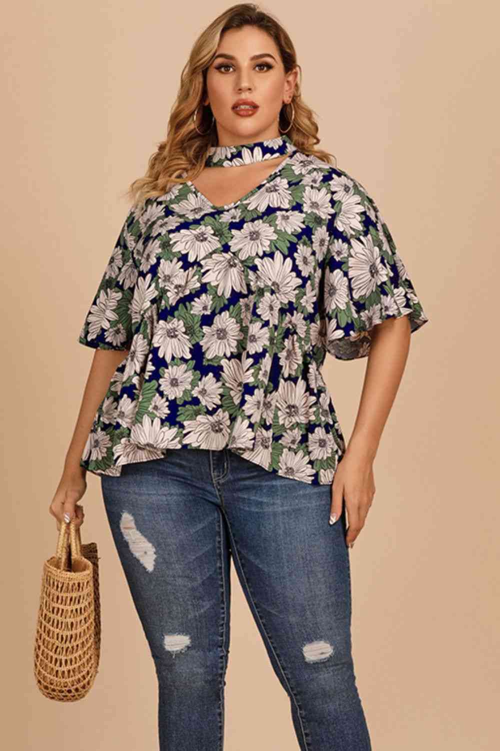 Plus Size Floral Flutter Sleeve Cutout Blouse Ti Amo I love you