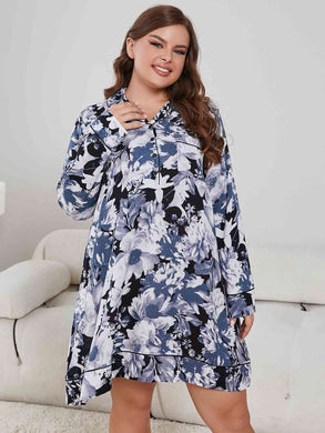 Plus Size Floral Lapel Collar Long Sleeve Night Dress Ti Amo I love you