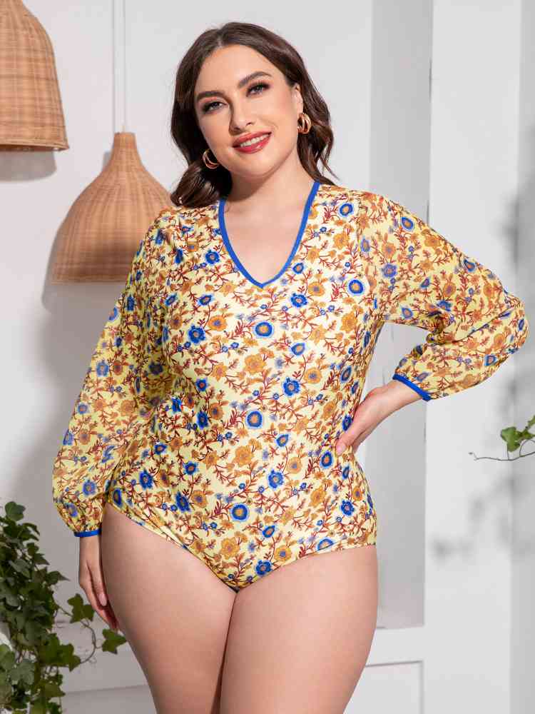 Plus Size Floral Open Back Long Sleeve One-Piece Swimsuit Ti Amo I love you