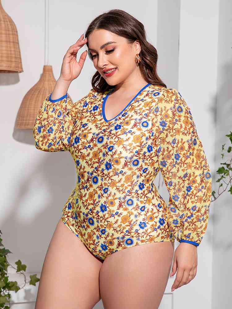 Plus Size Floral Open Back Long Sleeve One-Piece Swimsuit Ti Amo I love you