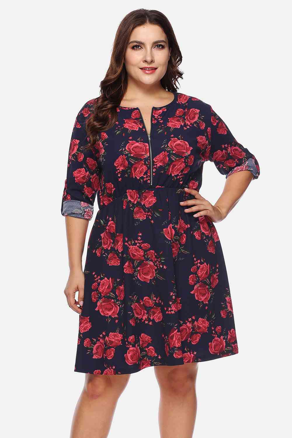 Plus Size Floral Print Half Zip Up Dress Ti Amo I love you