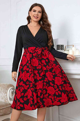 Plus Size Floral Surplice Neck Long Sleeve Dress Ti Amo I love you