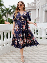 Load image into Gallery viewer, Plus Size Floral Surplice Neck Midi Dress - Sizes 1XL-3XL Ti Amo I love you
