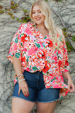 Plus Size Floral V-Neck Half Sleeve Shirt - Sizes 1X-3X Ti Amo I love you