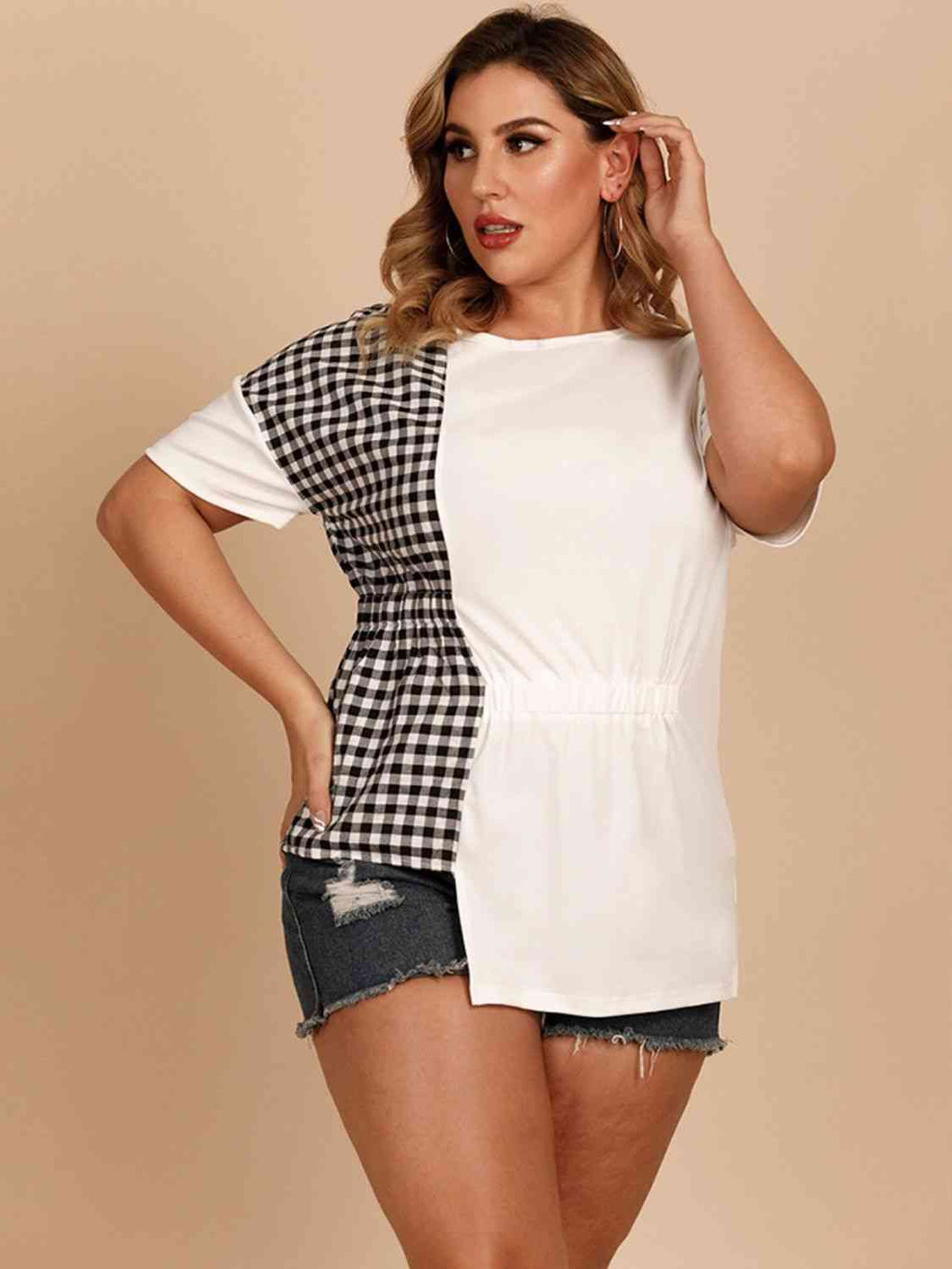 Plus Size Gingham Color Block Asymmetrical T-Shirt Ti Amo I love you