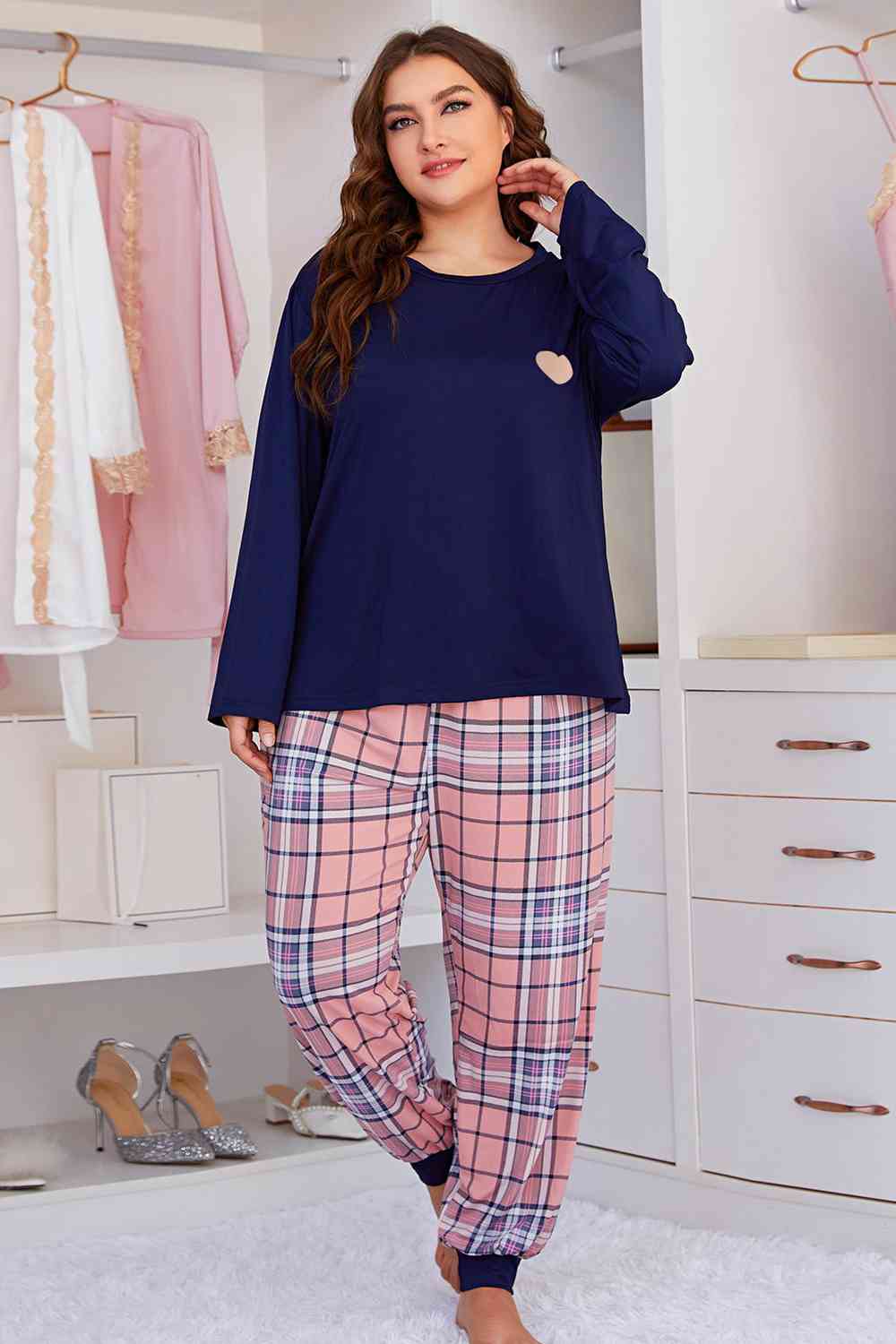 Plus Size Heart Graphic Top and Plaid Joggers Lounge Set Ti Amo I love you