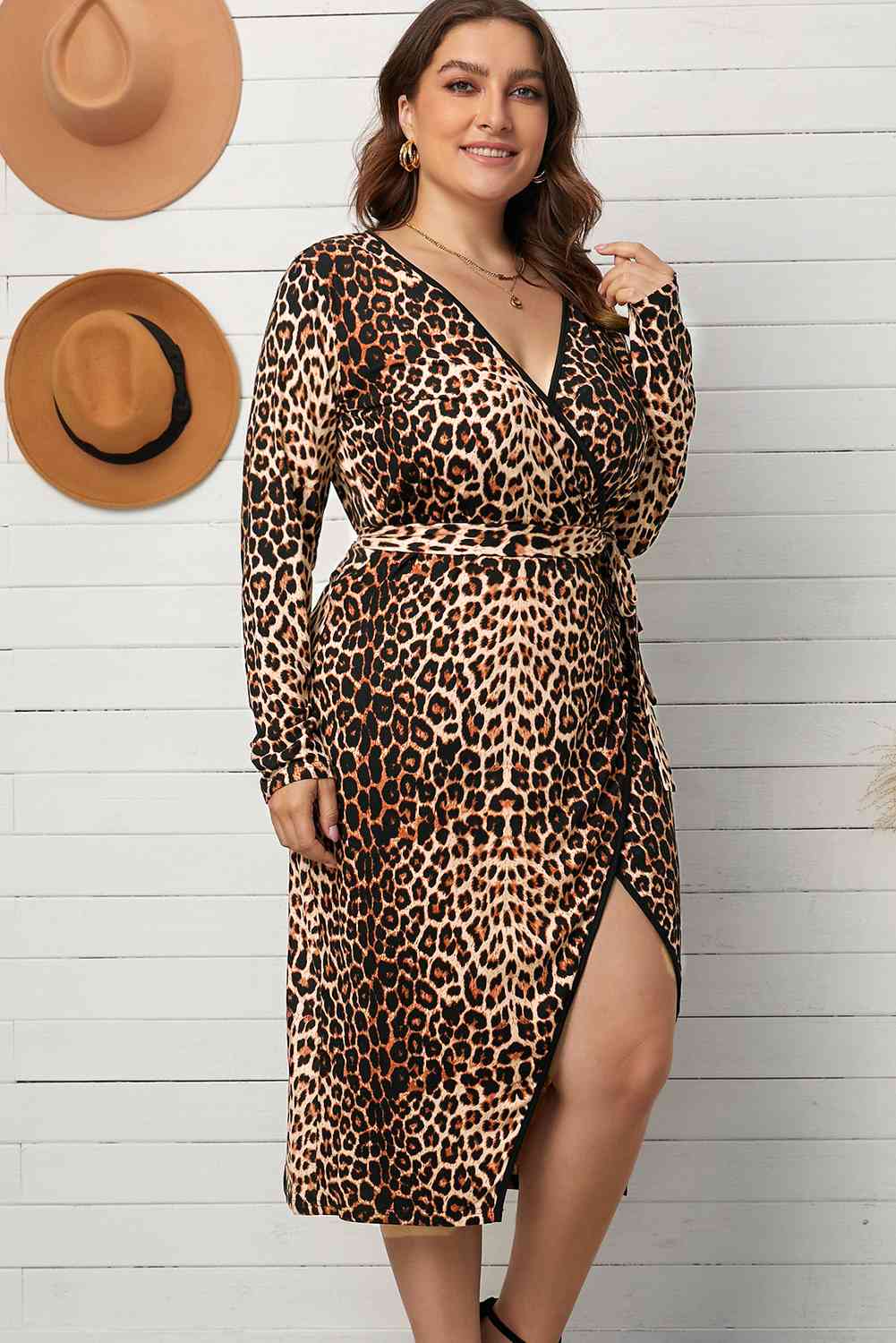 Plus Size Leopard Belted Surplice Wrap Dress Ti Amo I love you