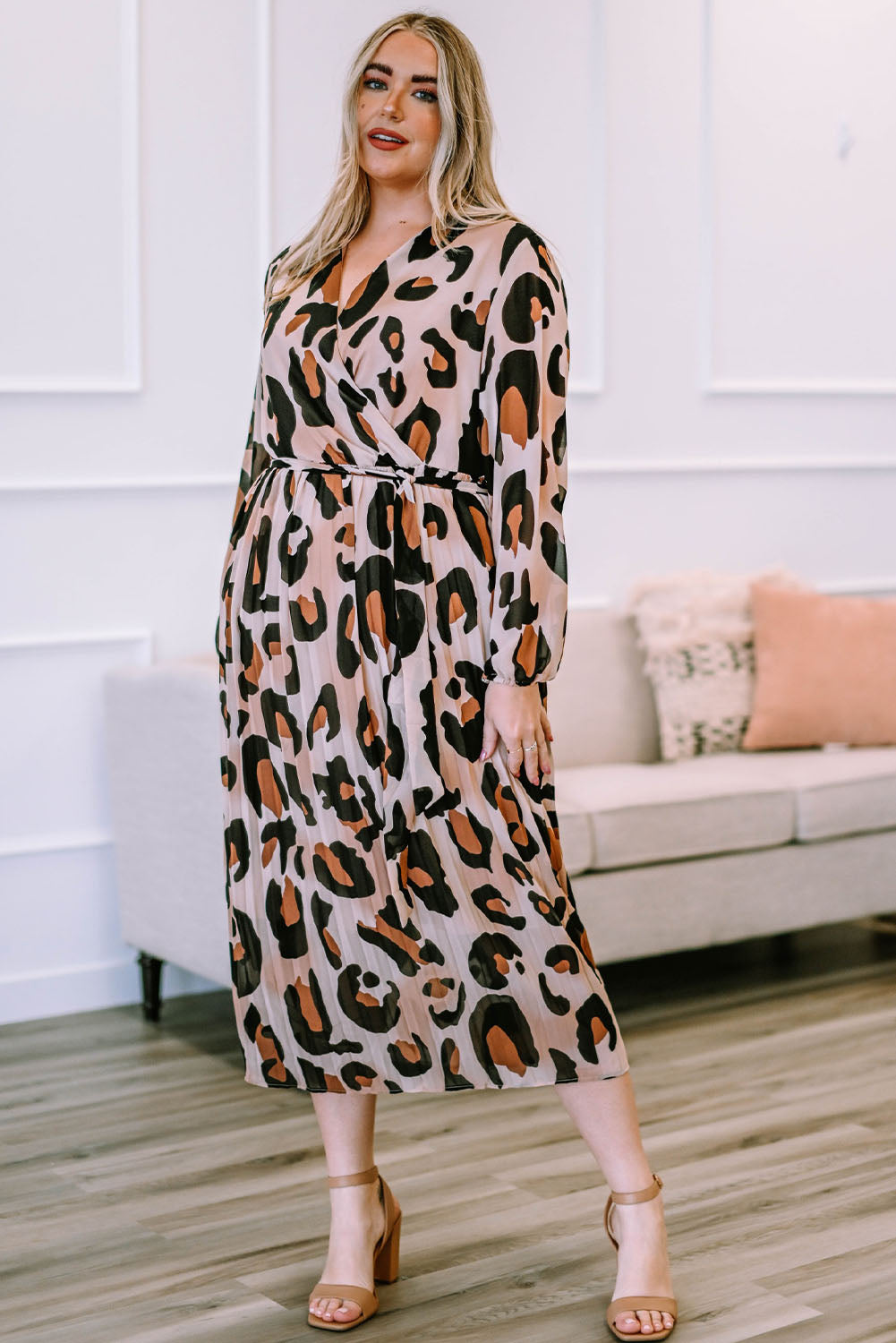 Plus Size Leopard Print Surplice Neck Long Sleeve Midi Dress - Sizes 1XL-4XL Ti Amo I love you