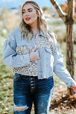 Plus Size Leopard Raw Hem Distressed Spliced Denim Jacket - Sizes 1X-5X Ti Amo I love you