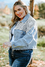 Load image into Gallery viewer, Plus Size Leopard Raw Hem Distressed Spliced Denim Jacket - Sizes 1X-5X Ti Amo I love you
