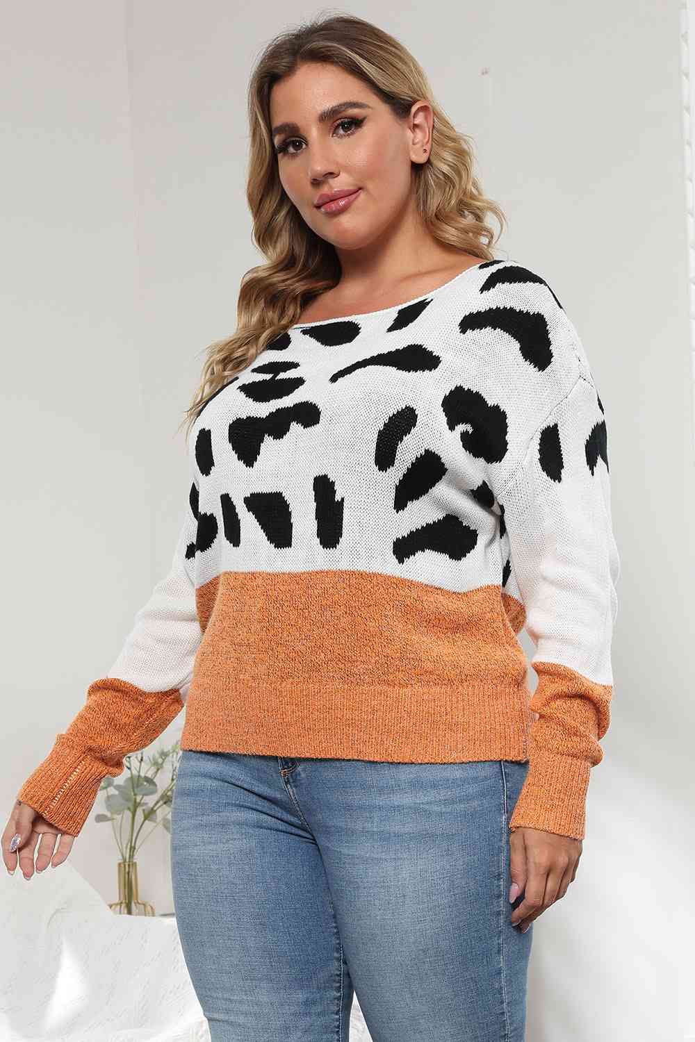 Plus Size Leopard Round Neck Long Sleeve Sweater Ti Amo I love you