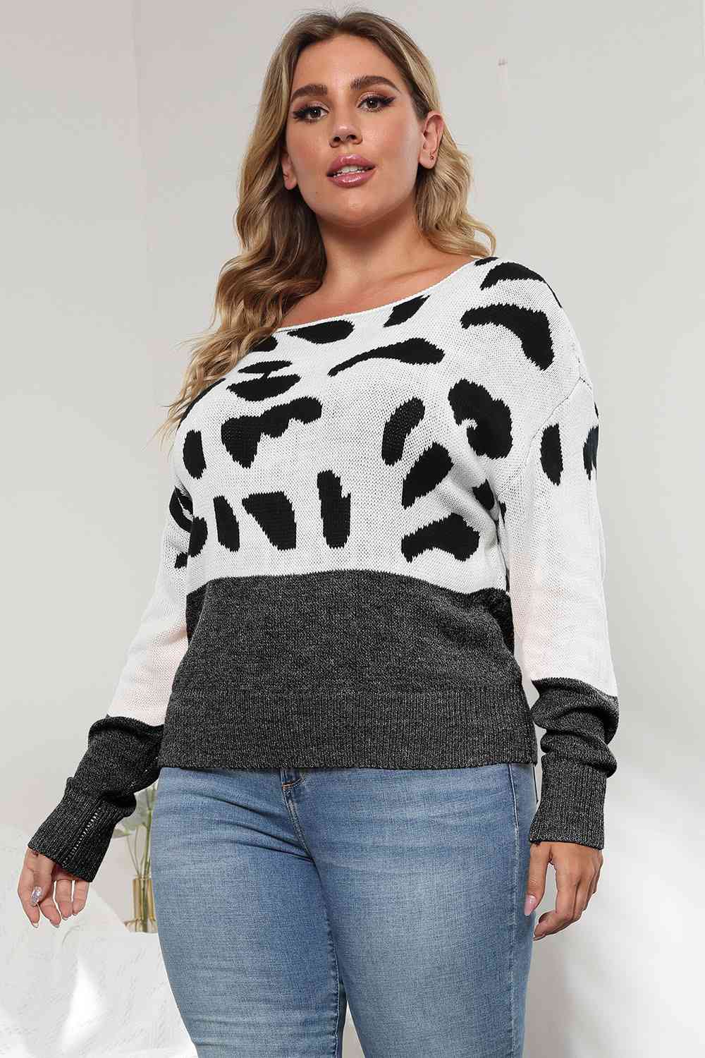 Plus Size Leopard Round Neck Long Sleeve Sweater Ti Amo I love you