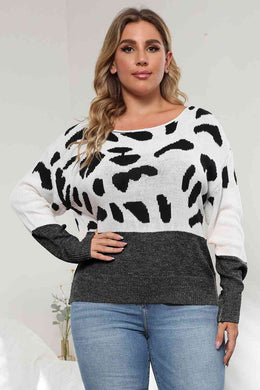 Plus Size Leopard Round Neck Long Sleeve Sweater Ti Amo I love you