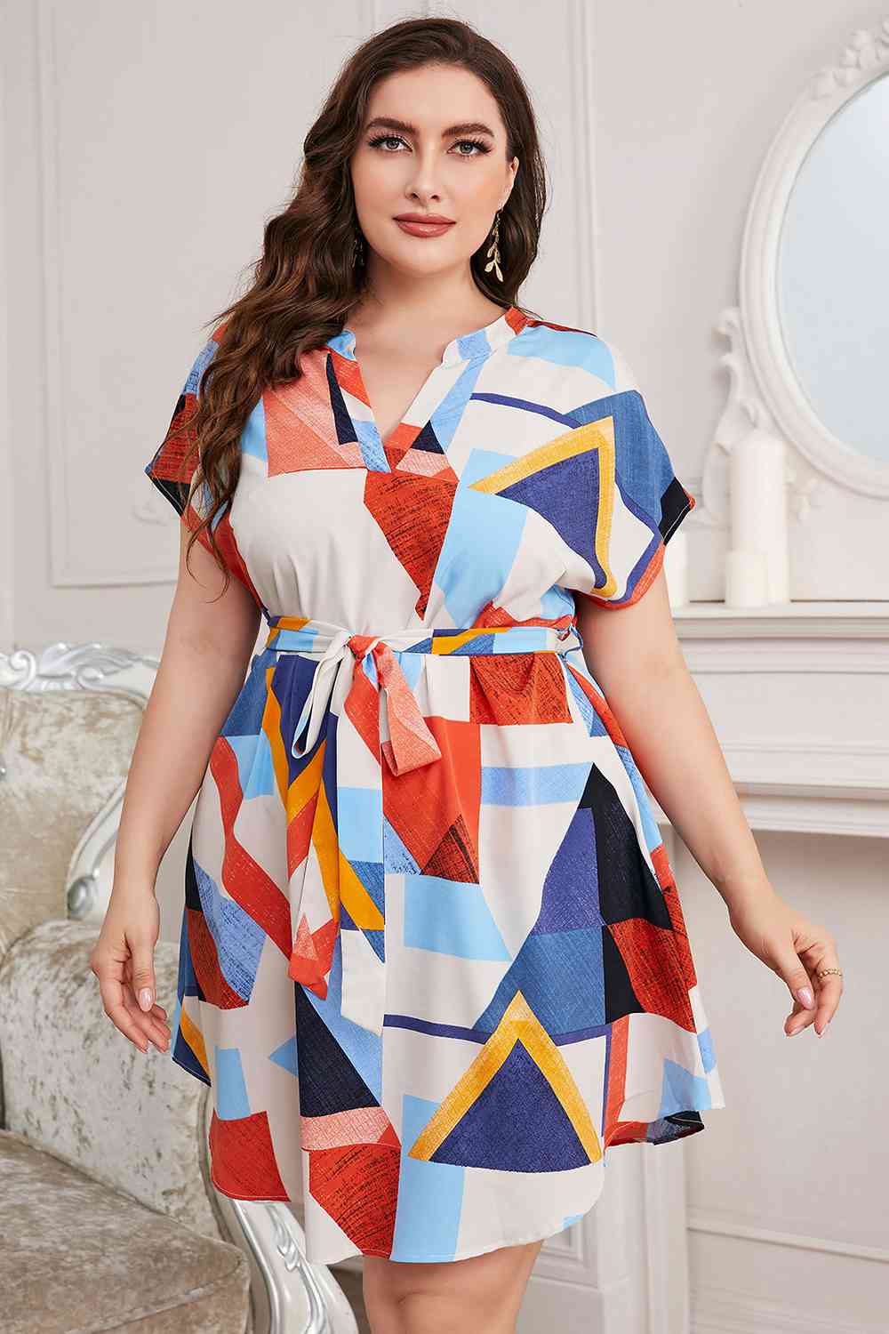 Plus Size Notched Neck Tie Waist Dress Ti Amo I love you