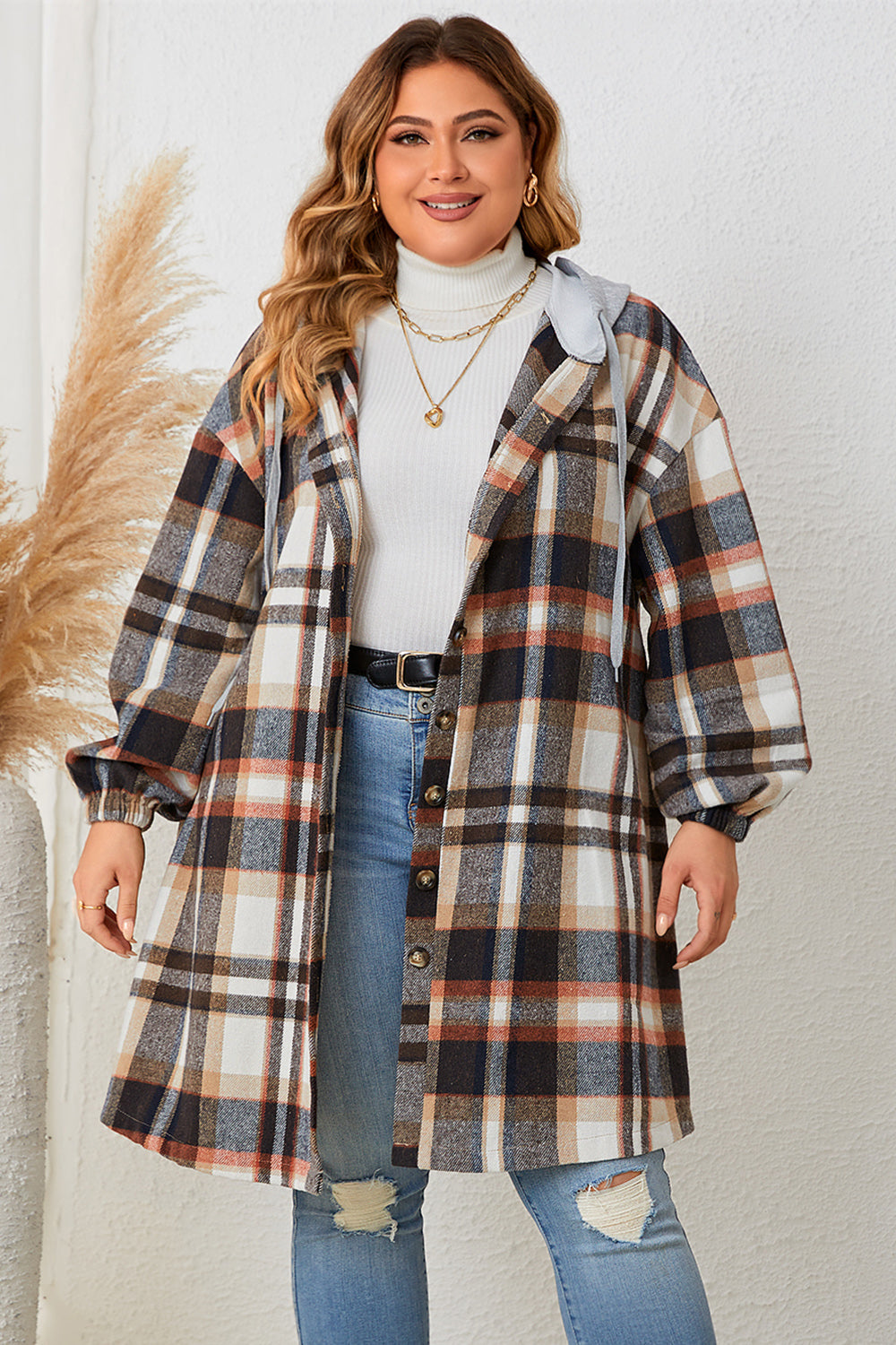 Plus Size Plaid Drop Shoulder Hooded Coat - Sizes 1XL-4XL Ti Amo I love you