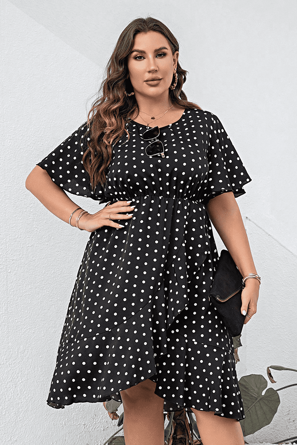 Plus Size Polka Dot Flutter Sleeve Dress Ti Amo I love you