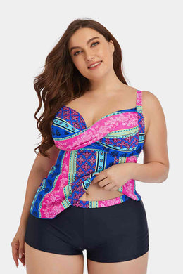 Plus Size Printed Crisscross Cutout Two-Piece Swim Set Ti Amo I love you