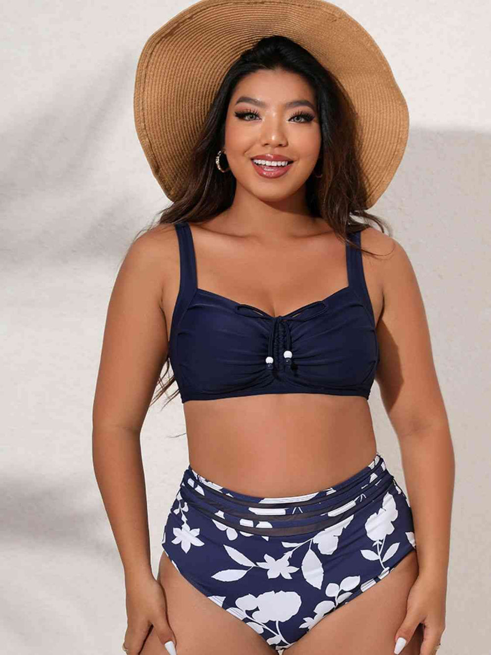 Plus Size Printed Gathered Detail Bikini Set Ti Amo I love you