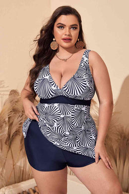 Plus Size Printed Sleeveless Top and Shorts Swim Set Ti Amo I love you