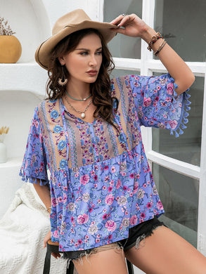 Plus Size Printed V-Neck Half Sleeve Blouse Ti Amo I love you