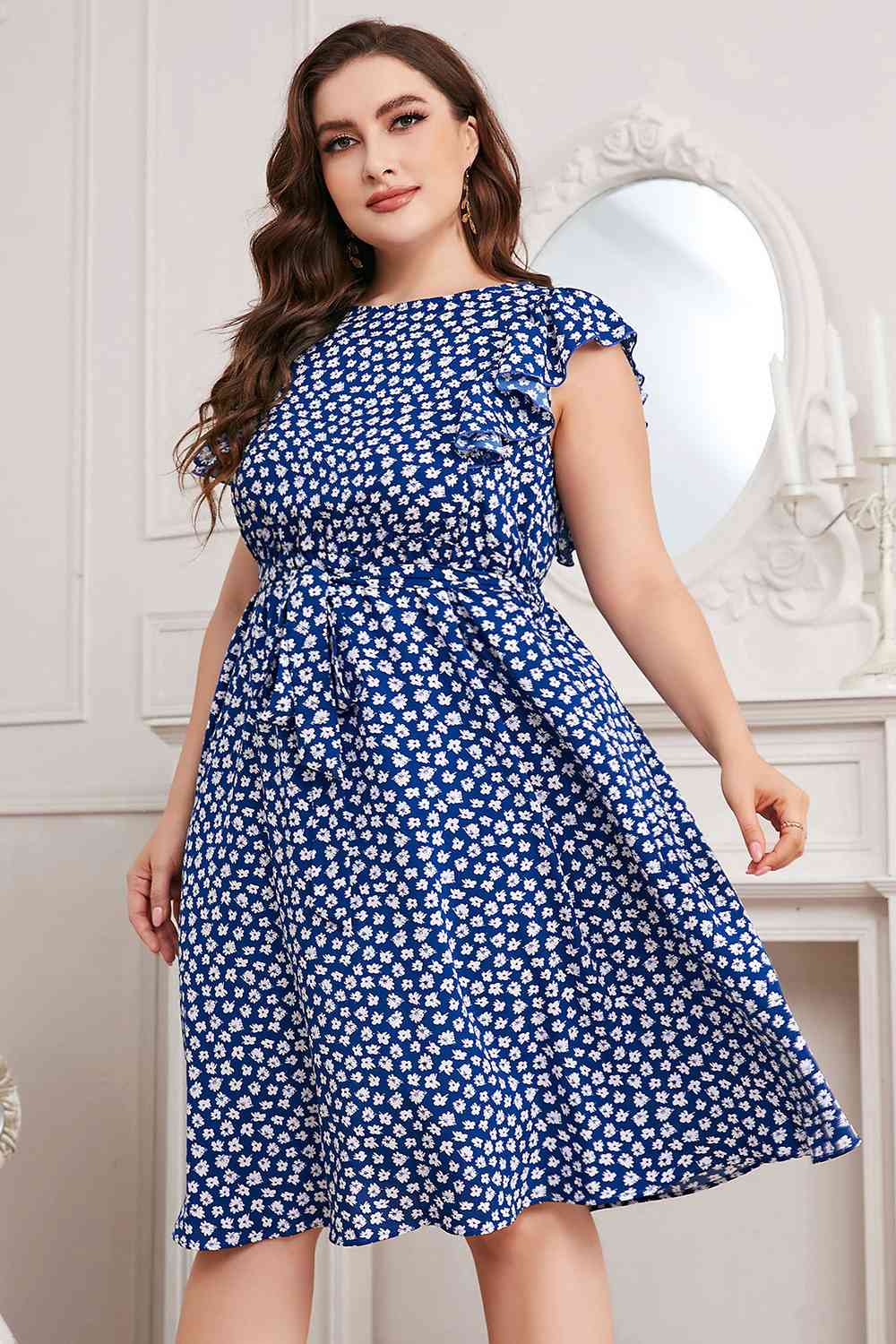 Plus Size Round Neck Tie Waist Dress Ti Amo I love you