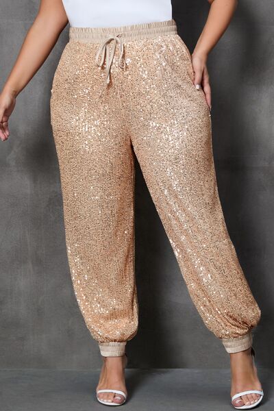 Plus Size Sequin Drawstring Joggers with Pockets Ti Amo I love you