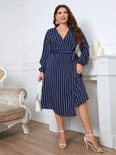 Load image into Gallery viewer, Plus Size Striped Surplice Neck Long Sleeve Dress Ti Amo I love you
