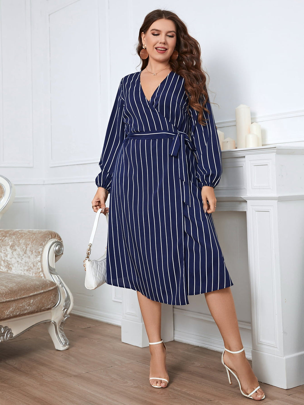 Plus Size Striped Surplice Neck Long Sleeve Dress Ti Amo I love you