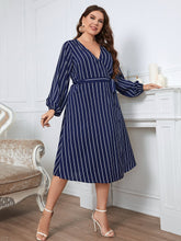 Load image into Gallery viewer, Plus Size Striped Surplice Neck Long Sleeve Dress Ti Amo I love you
