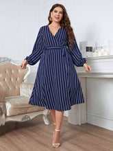 Load image into Gallery viewer, Plus Size Striped Surplice Neck Long Sleeve Dress Ti Amo I love you
