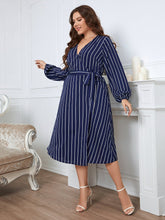 Load image into Gallery viewer, Plus Size Striped Surplice Neck Long Sleeve Dress Ti Amo I love you
