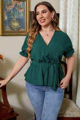 Plus Size Surplice Neck Tie Waist Blouse - Sizes 1XL-4XL Ti Amo I love you