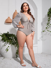 Load image into Gallery viewer, Plus Size Tied Deep V Balloon Sleeve One-Piece Swimsuit Ti Amo I love you
