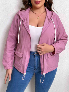 Plus Size Zip-Up Drawstring Hooded Jacket with Pockets Ti Amo I love you