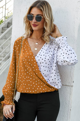 Polka Dot Surplice Neck Lantern Sleeve Blouse - Sizes S-XL Ti Amo I love you