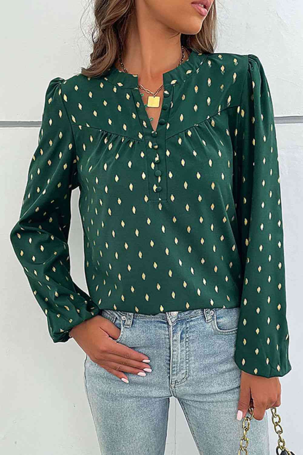 Printed Buttoned Puff Sleeve Blouse Ti Amo I love you