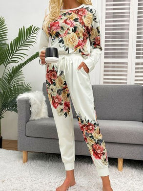 Printed Round Neck Top and Drawstring Pants Lounge Set Ti Amo I love you