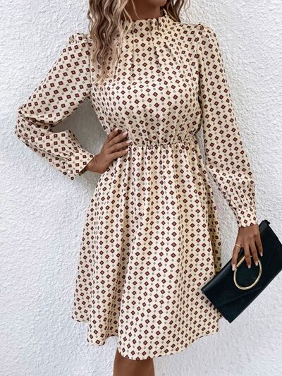 Printed Ruched Mock Neck Long Sleeve Dress Ti Amo I love you