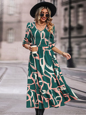 Printed Smocked V-Neck Three-Quarter Sleeve Midi Dress Ti Amo I love you