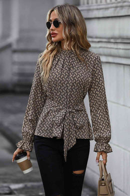 Printed Tie Front Flounce Sleeve Blouse Ti Amo I love you