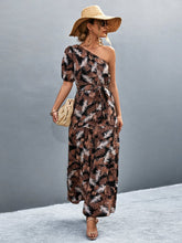 Load image into Gallery viewer, Printed Tie Waist One Shoulder Maxi Dress Ti Amo I love you
