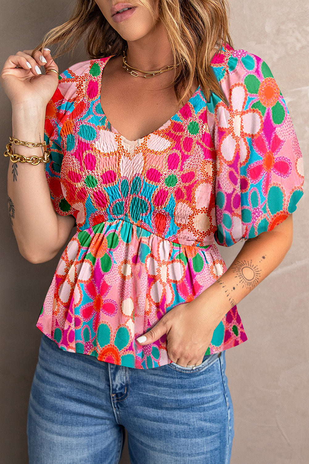 Printed V-Neck Babydoll Blouse Ti Amo I love you