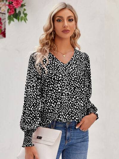 Printed V-Neck Lantern Sleeve Blouse Ti Amo I love you