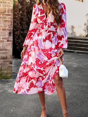 Printed V-Neck Long Sleeve Midi Dress Ti Amo I love you