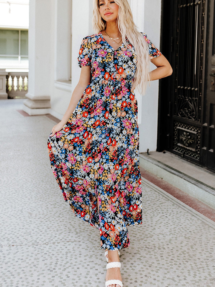 Printed V-Neck Short Sleeve Maxi Dress - Only Size M Left Ti Amo I love you