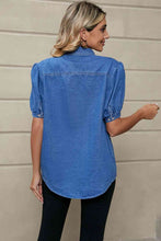 Load image into Gallery viewer, Puff Sleeve Collared Denim Top Ti Amo I love you
