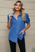 Load image into Gallery viewer, Puff Sleeve Collared Denim Top Ti Amo I love you
