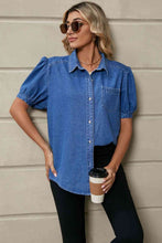 Load image into Gallery viewer, Puff Sleeve Collared Denim Top Ti Amo I love you
