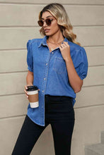 Load image into Gallery viewer, Puff Sleeve Collared Denim Top Ti Amo I love you
