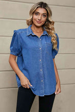 Load image into Gallery viewer, Puff Sleeve Collared Denim Top Ti Amo I love you
